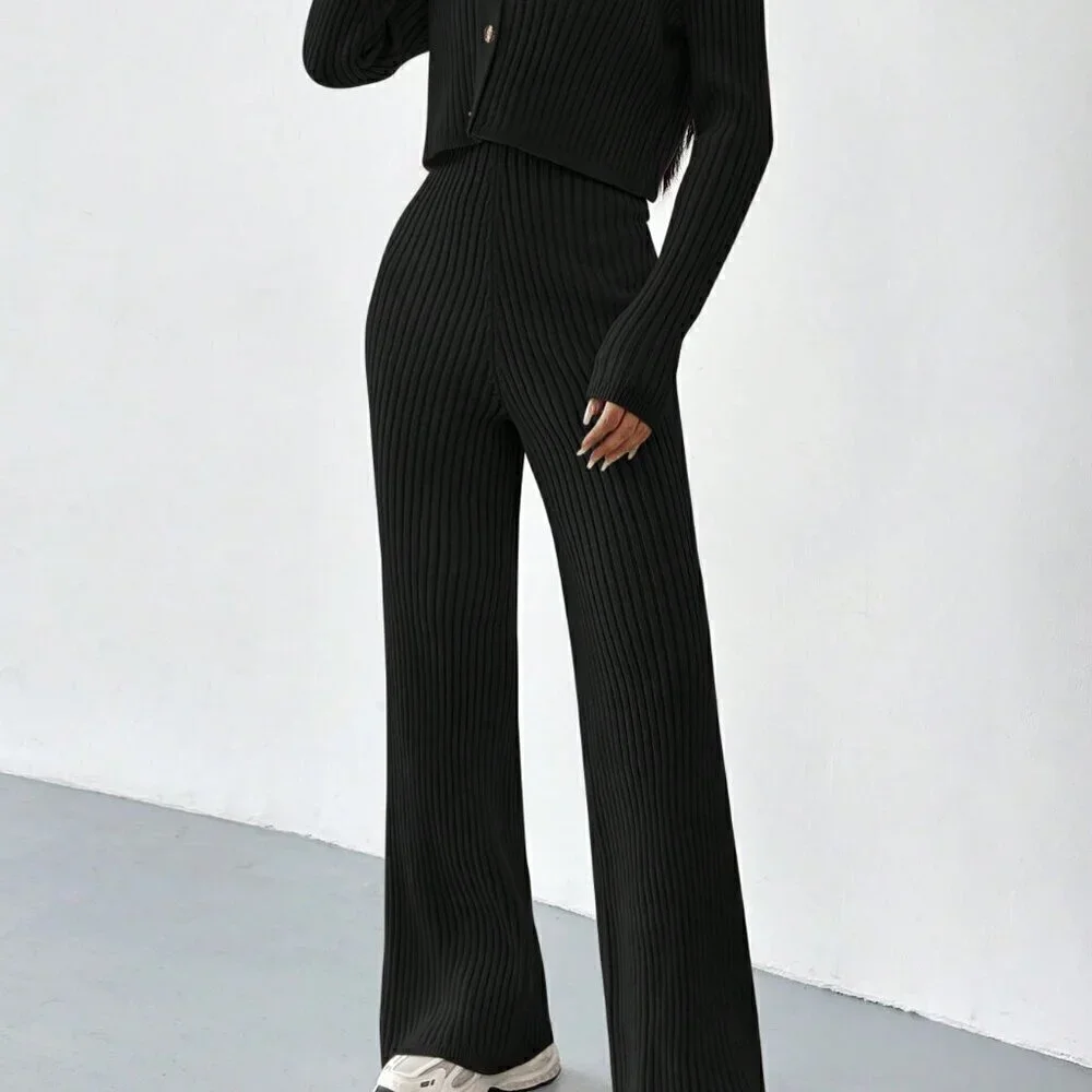 Black Casual Women's Summer Ribbed Knit Cardigan & Flare Leg Knit Pants set